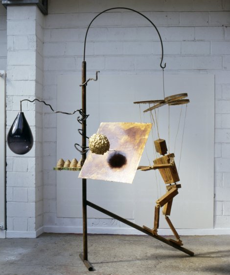 Bill Woodrow RA, Beekeeper and Four Hives, 1997, Glass, urethane foam, wood, steel, wax, rope, gold leaf, shellac, 300 x 220 x 174 cm, Collection of the artist